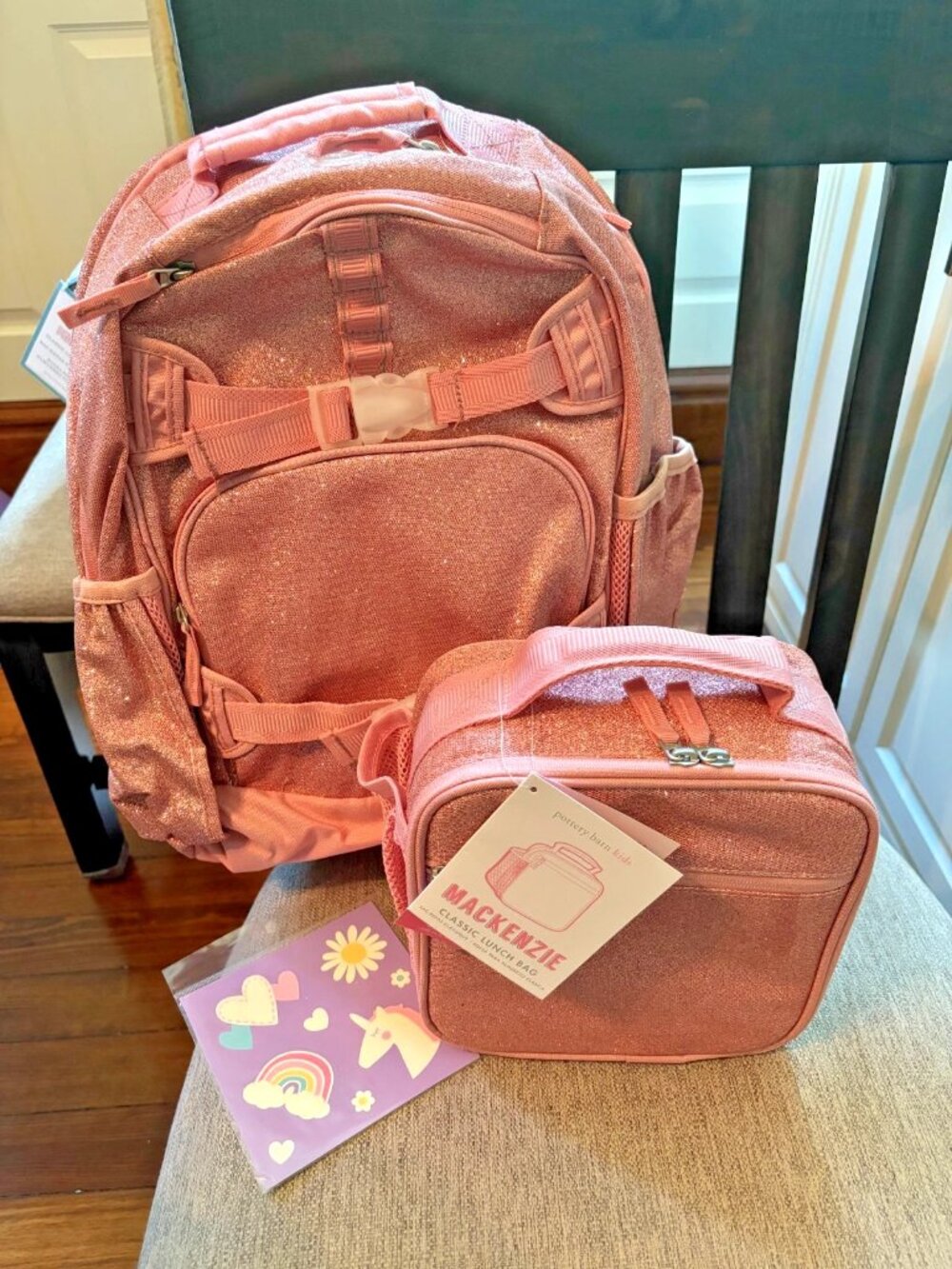 Pottery Barn School LARGE BACKPACK LUNCH BOX SET Travel girl pink glitter 3PC